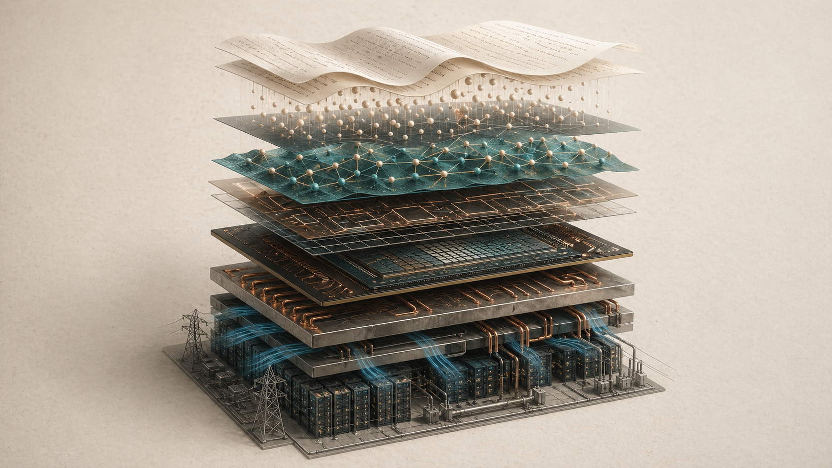 Layered stack showing language, token particles, tensors, silicon, power, cooling, and datacenter infrastructure beneath AI tokens.